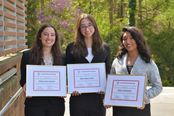 Inaugural cohort CHE Public Health and Nutrition Ambassadors, November 2025, left to right Olivia Kornstein ‘26, Mia Marcotte ’26, Esha Shakthy ‘25